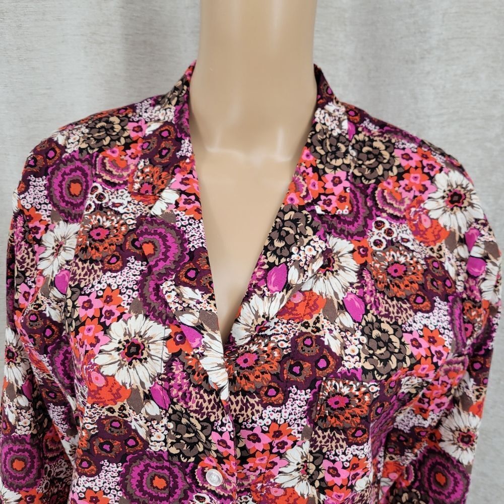 Vera Bradley Rosewood Floral Button Down Cotton Flip Cuff Contrast Top Blouse - Picture 2 of 11